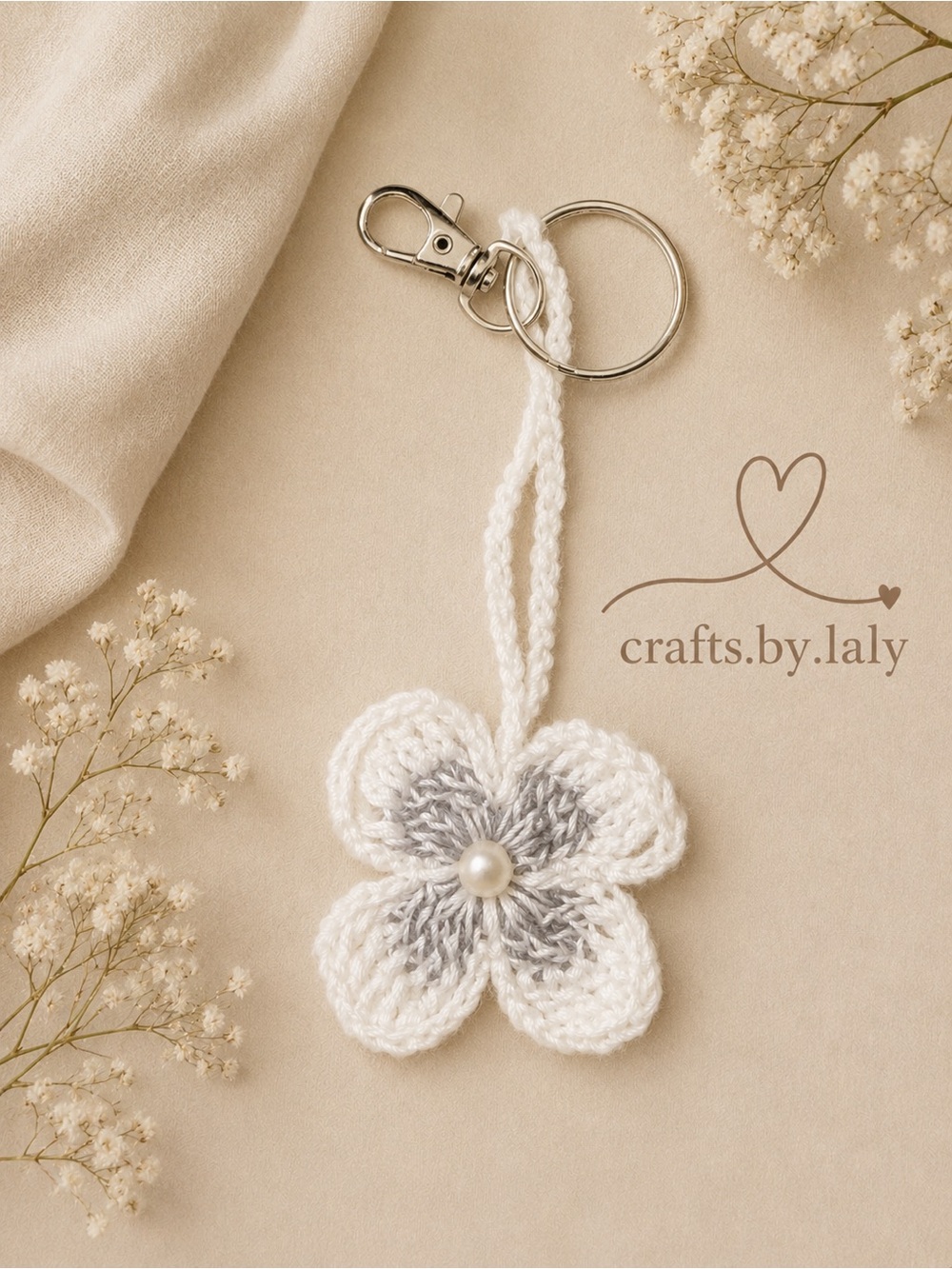 Hand Crafted White & Gray Crochet Flower Key & Card Holder with Pearl